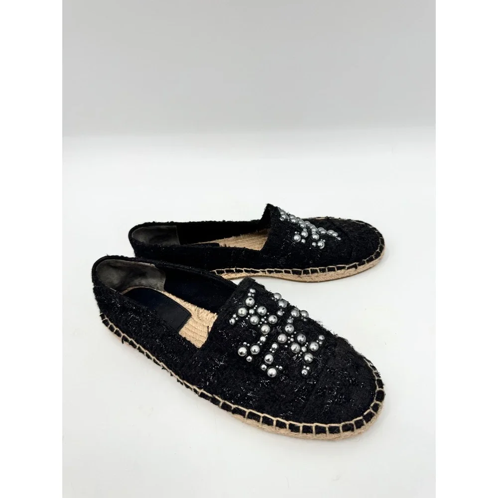 Tory Burch Espadrilles Women 6.5 Black Pearl Logo Tweed Slip On